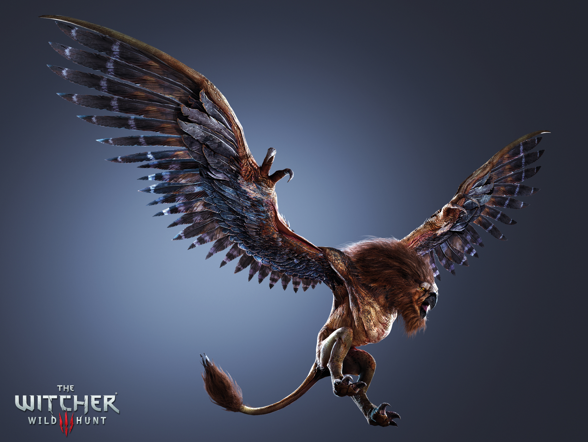 4K Ultra HD desktop wallpaper from The Witcher 3: Wild Hunt featuring a detailed, dynamic griffin in flight against a muted background.