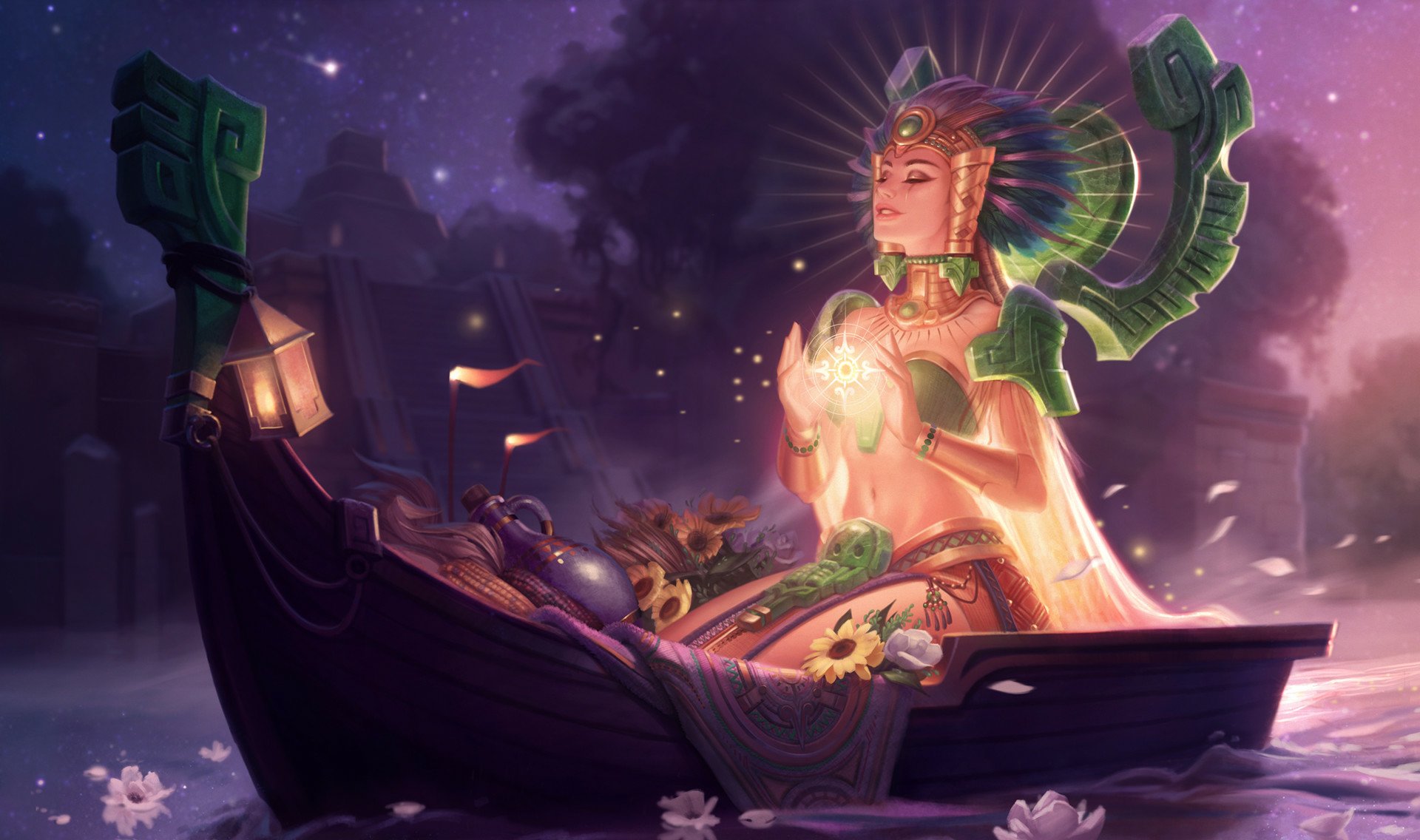 HD PC desktop wallpaper featuring Karma from League of Legends, depicted in radiant attire with glowing energy, set against a mystical, serene nighttime backdrop.