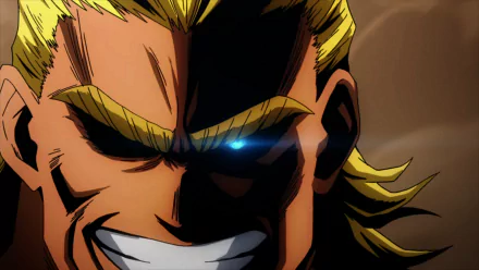 HD anime desktop wallpaper featuring a close-up of All Might from My Hero Academia, showcasing his intense expression and glowing eye.