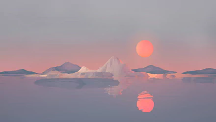 Minimalist HD desktop wallpaper featuring a low poly illustration of icebergs and mountains reflecting in the water, with a serene sunset casting a warm glow.