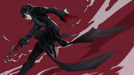 HD PC desktop wallpaper featuring Joker from the video game Persona 5 in dynamic action pose with a striking red and black background.