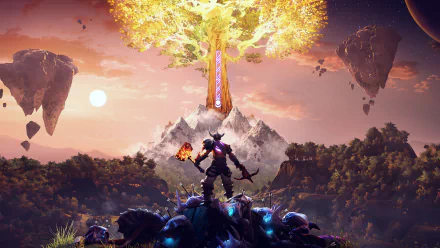HD wallpaper of a fantasy landscape with floating islands, a glowing tree, and a silhouetted figure in the foreground.