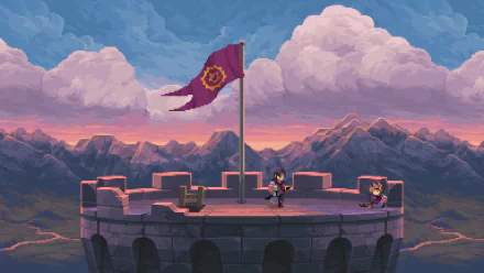 HD desktop wallpaper featuring an animated castle on a chasm with a character and flag at twilight.