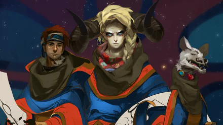 HD wallpaper featuring characters from the game Pyre, set against a starry night sky background.