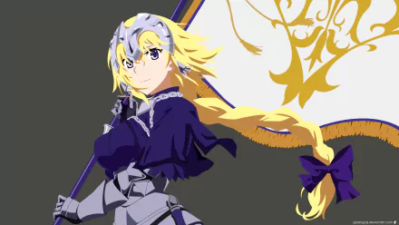 Minimalist HD anime wallpaper featuring Jeanne d'Arc from Fate/Apocrypha with long blonde hair, purple eyes, armor, and a flag in a sleek, stylized design.