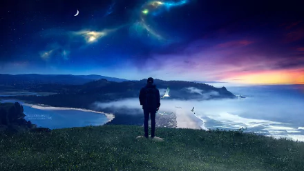 HD fantasy landscape wallpaper featuring a person standing on a grassy hill overlooking a mystical bay with distant mountains, a crescent moon, and colorful night sky.