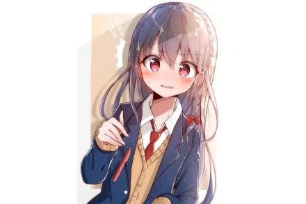 HD anime-style original artwork of a smiling girl with long hair in a school uniform, designed as a PC desktop wallpaper and background.