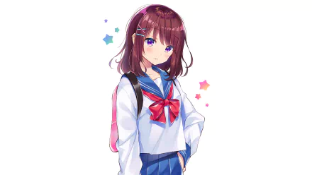 Anime original HD PC desktop wallpaper: young schoolgirl in sailor uniform with purple eyes, brown hair, pink backpack and pastel star accents on a white background.