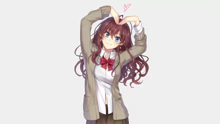 Anime original HD PC desktop wallpaper/background: smiling long-haired brown schoolgirl with blue eyes and a red bow making a heart with her hands on a pale backdrop.