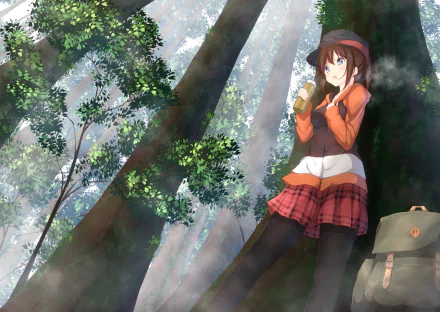 HD anime original desktop wallpaper featuring a girl in a red skirt and hat standing in a sunlit forest with tall trees and a backpack nearby.