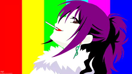 Minimalist 8K Ultra HD anime wallpaper featuring Hana Kirisaki from Nisekoi with purple hair, earrings, and a confident smile against a vibrant rainbow background.