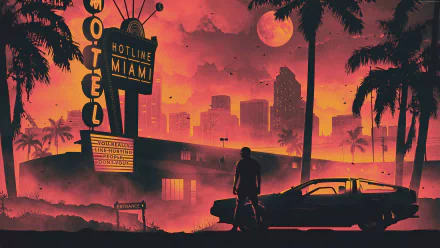 4K Ultra HD retrowave Hotline Miami wallpaper featuring a silhouetted figure by a car outside a neon-lit motel against a vibrant city skyline at sunset.