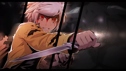 Anime character Bell Cranel from Is It Wrong to Try to Pick Up Girls in a Dungeon with white hair and red eyes holding a bloodied dagger. HD desktop wallpaper.
