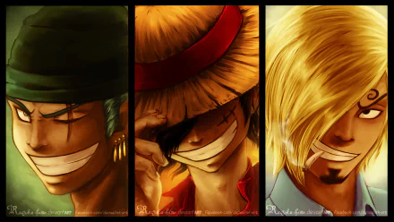 HD desktop wallpaper featuring Roronoa Zoro, Monkey D. Luffy, and Sanji from the anime One Piece, each character with a confident smile and intense expression.
