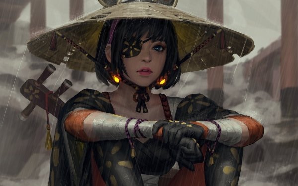 Fantasy Women Asian Conical Hat Rain Blue Eyes Eye Patch Oriental Short Hair HD Wallpaper | Background Image