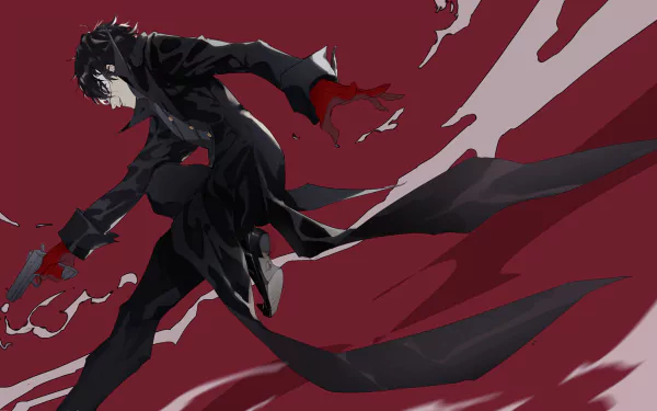 HD PC desktop wallpaper featuring Joker from the video game Persona 5 in dynamic action pose with a striking red and black background.