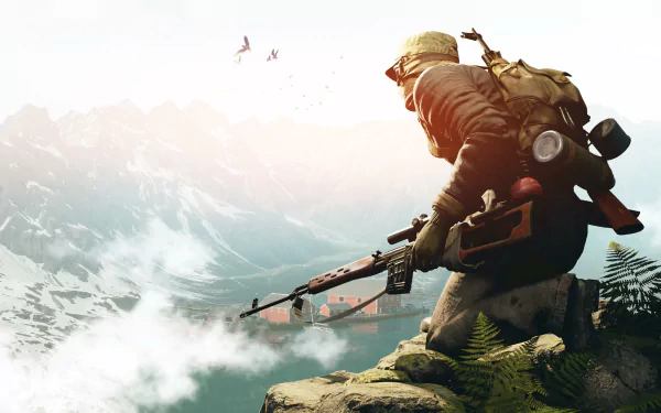 HD wallpaper of an adventurous soldier overlooking a mountainous landscape, embodying vigor, with soaring birds in the background.