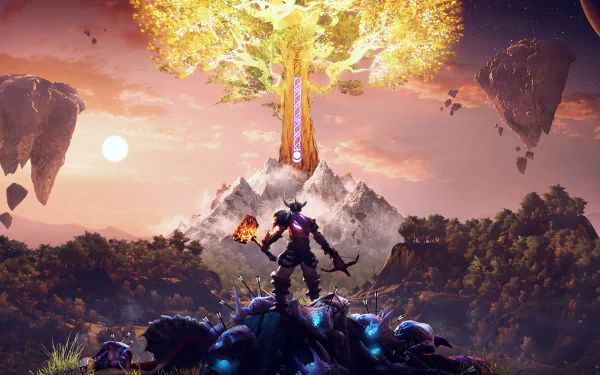 HD wallpaper of a fantasy landscape with floating islands, a glowing tree, and a silhouetted figure in the foreground.
