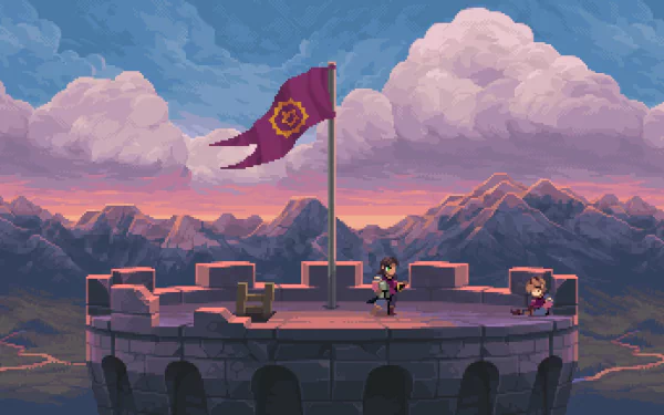 HD desktop wallpaper featuring an animated castle on a chasm with a character and flag at twilight.