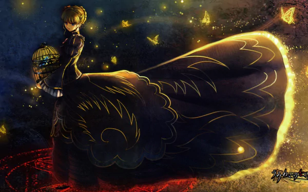 HD PC anime wallpaper of Beatrice from Umineko: When They Cry — a blonde in a dark, billowing dress at night, surrounded by glowing butterflies, holding a birdcage.