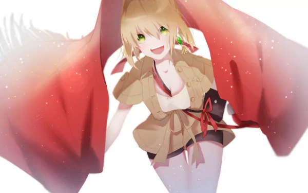 HD anime desktop wallpaper featuring Nero Claudius from Fate/Grand Order in a dynamic pose with vibrant red and beige tones.