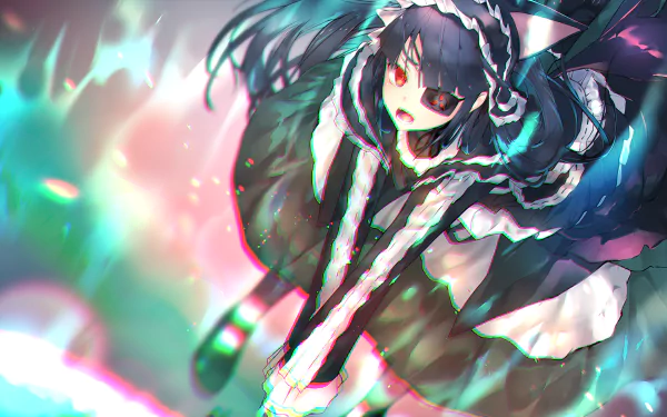 HD anime desktop wallpaper featuring a character from Senran Kagura in a detailed black and white outfit with vibrant, colorful lighting effects.