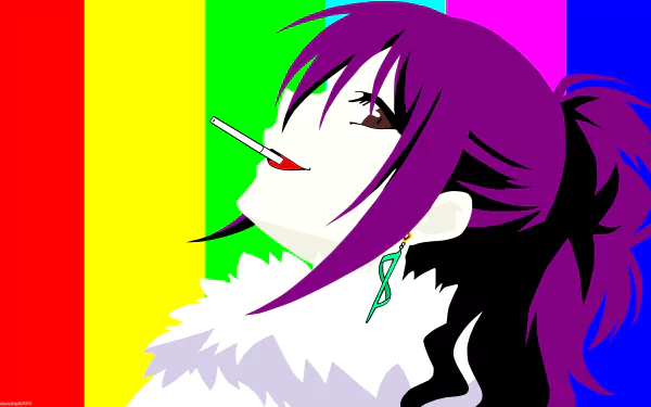 Minimalist 8K Ultra HD anime wallpaper featuring Hana Kirisaki from Nisekoi with purple hair, earrings, and a confident smile against a vibrant rainbow background.