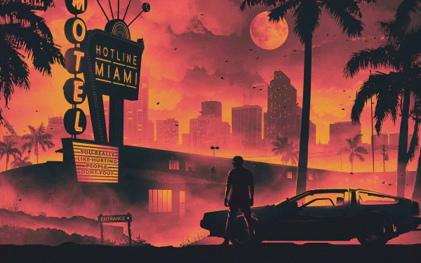 4K Ultra HD retrowave Hotline Miami wallpaper featuring a silhouetted figure by a car outside a neon-lit motel against a vibrant city skyline at sunset.