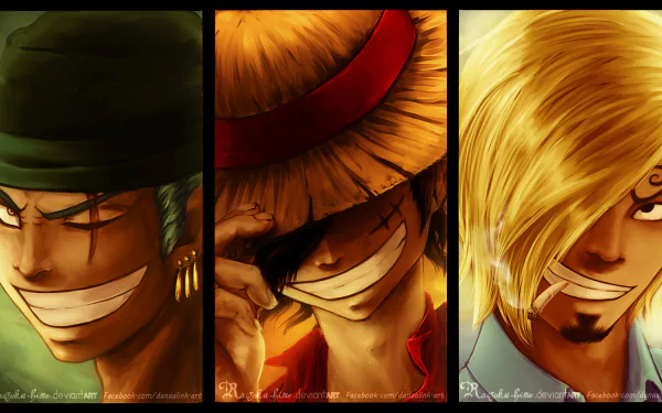 HD desktop wallpaper featuring Roronoa Zoro, Monkey D. Luffy, and Sanji from the anime One Piece, each character with a confident smile and intense expression.