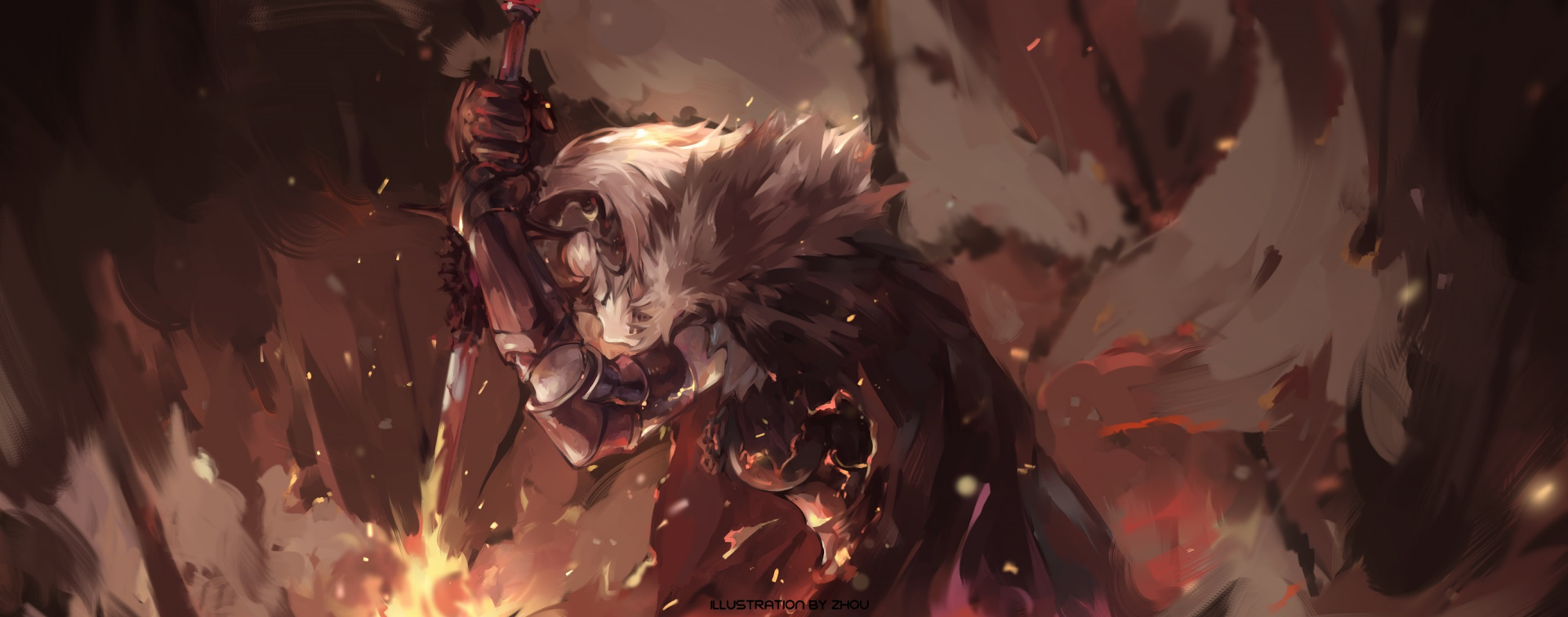 HD desktop wallpaper featuring Jeanne d'Arc Alter from Fate/Grand Order. The anime-style art shows a fierce woman warrior with short hair wielding a sword amidst fire.