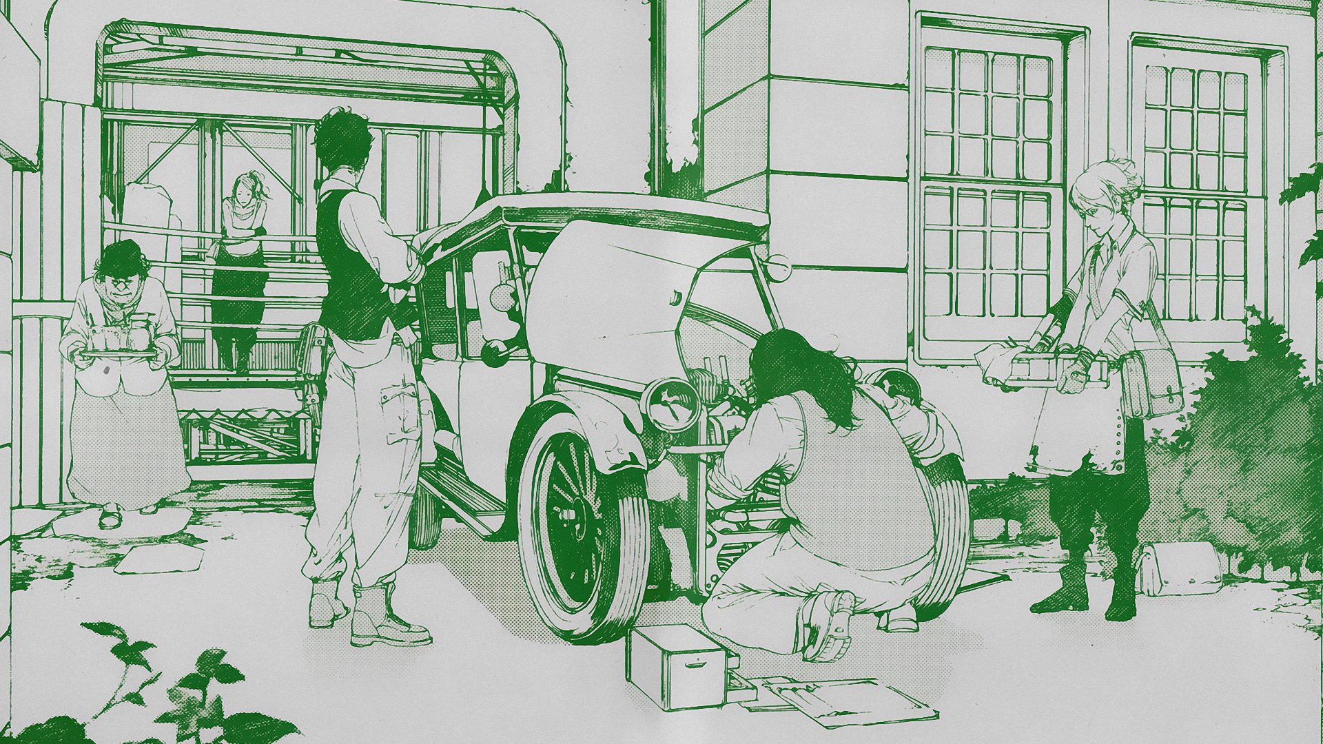HD PC desktop wallpaper/background — manga Anime Levius: characters and mechanics repair a vintage car in a courtyard, detailed green-tinted line art and cinematic composition.