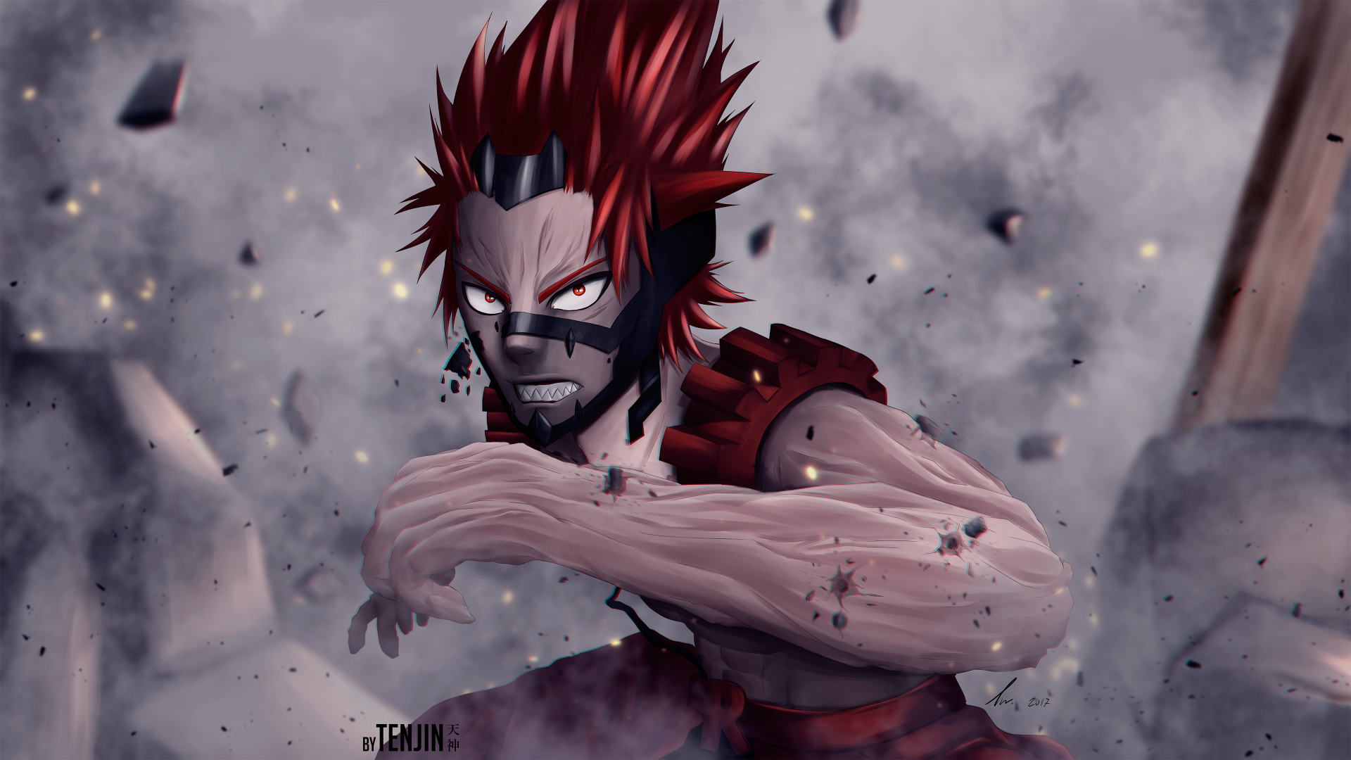 Eijiro Kirishima from My Hero Academia in hardened form, red spiky hair and fierce glare amid flying debris — 4K Ultra HD anime PC desktop wallpaper background