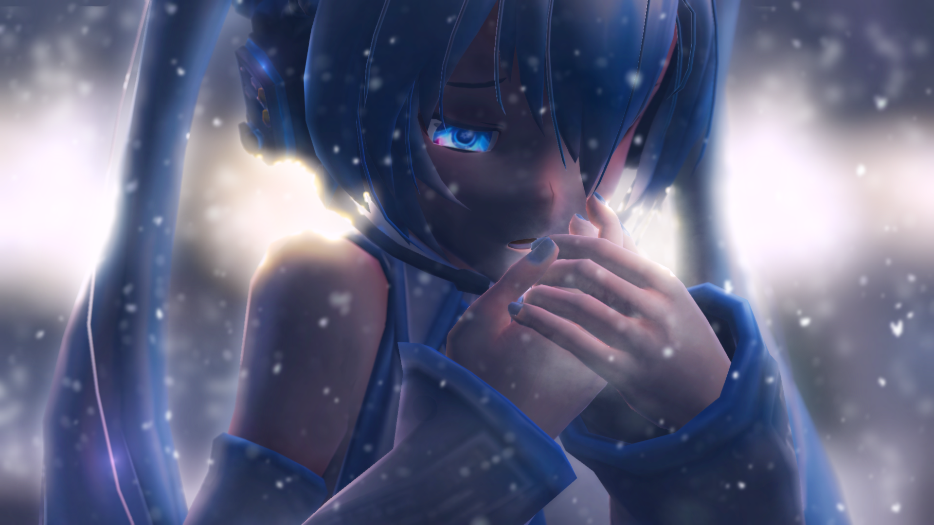 HD anime desktop wallpaper featuring Hatsune Miku, the iconic Vocaloid, in a close-up with glowing blue eyes and softly falling snowflakes.