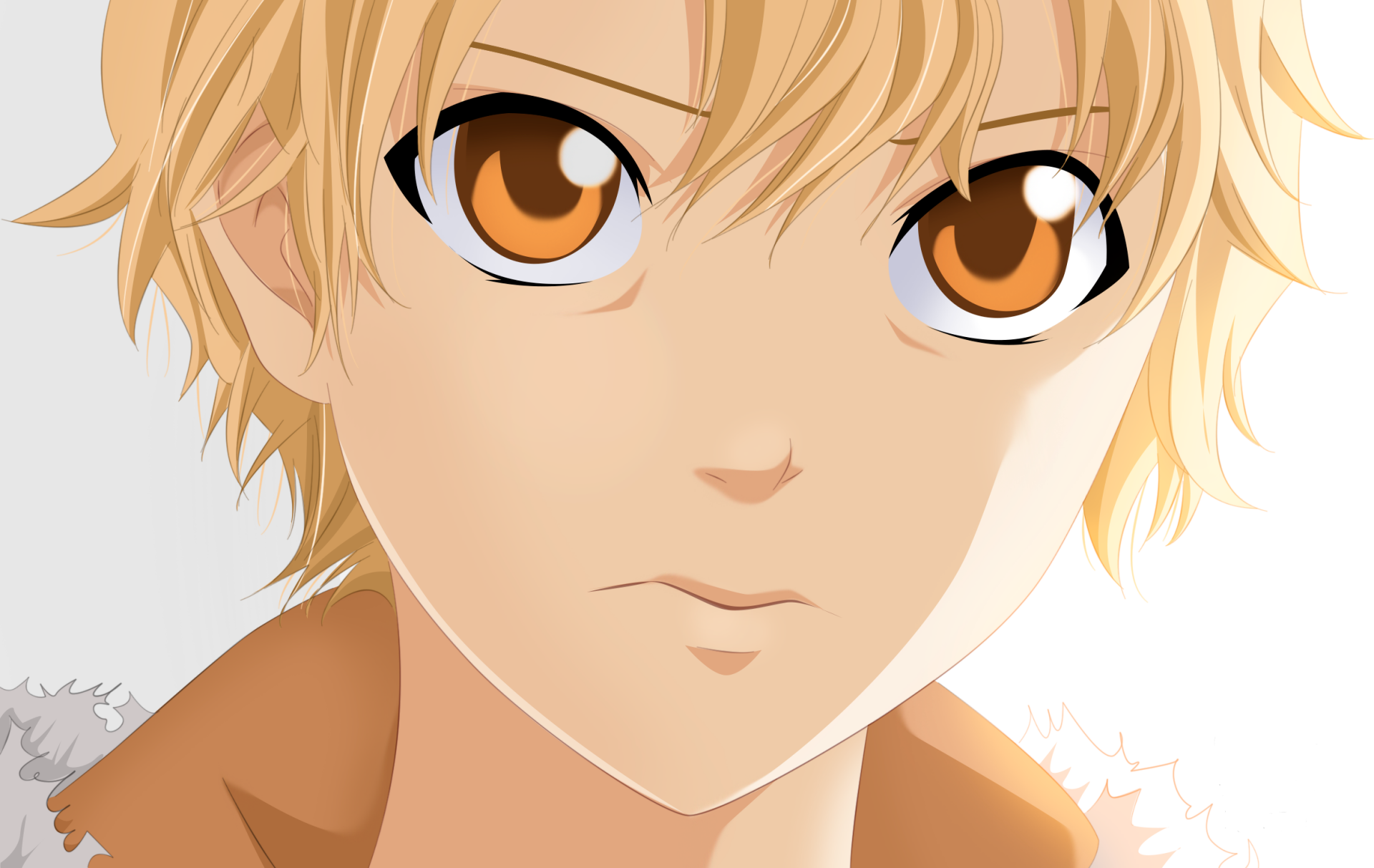 HD PC desktop wallpaper featuring Yukine (Noragami) from the anime Noragami — close-up portrait with tousled blond hair, amber eyes and a calm expression on a pale background.