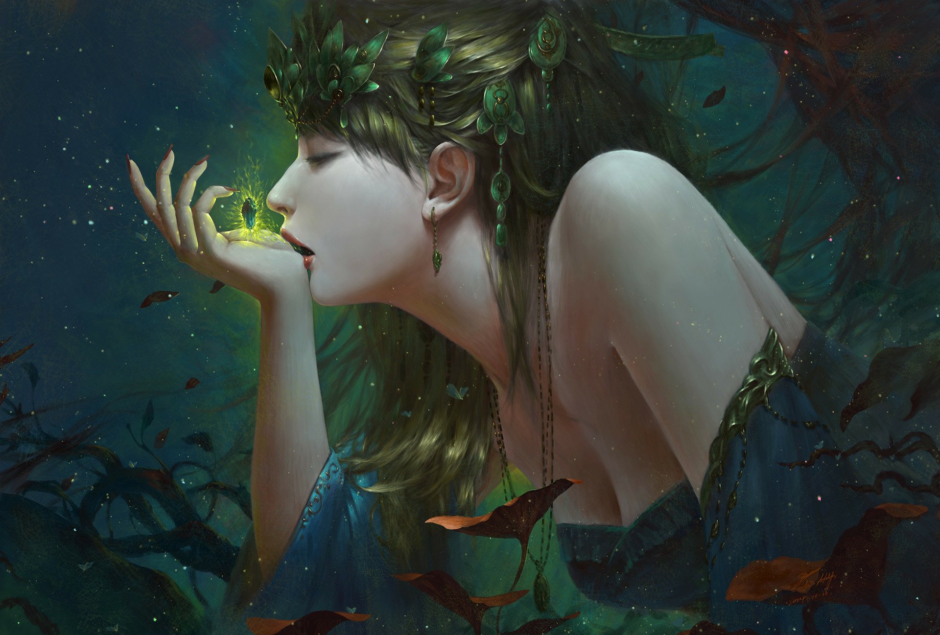Download Night Leaf Fantasy Woman Fantasy Girl HD Wallpaper