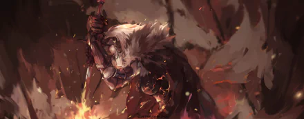 HD desktop wallpaper featuring Jeanne d'Arc Alter from Fate/Grand Order. The anime-style art shows a fierce woman warrior with short hair wielding a sword amidst fire.