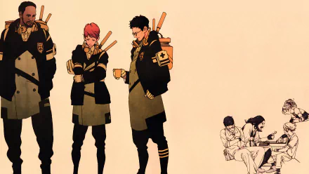 HD PC desktop wallpaper featuring manga-style characters from the anime Levius, showcasing a group in dark uniforms with minimalist background tones.