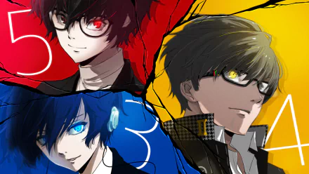 HD PC wallpaper of Persona video game protagonists Joker, Yu Narukami and Minato Arisato in bold red, blue and yellow panels — stylized anime portraits with intense, glowing eyes.