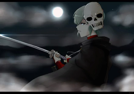 HD anime samurai wallpaper featuring Ikeda Asaemon from Gintama, holding a sword with a skull on his head under a full moon and dark cloudy sky.