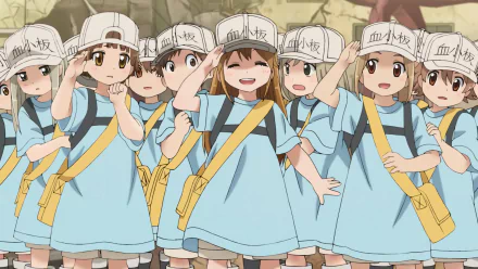 HD desktop wallpaper from the anime Cells at Work! featuring a group of anime characters wearing blue outfits and white hats, cheerfully posing.