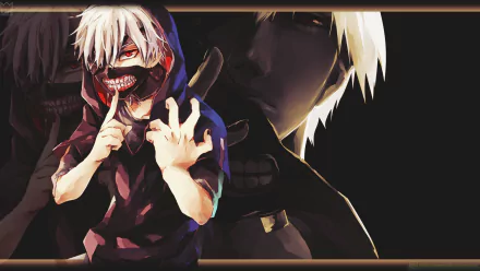 HD PC desktop wallpaper featuring Ken Kaneki from the anime Tokyo Ghoul, showcasing his iconic mask and white hair in a dark, intense design.
