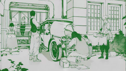 HD PC desktop wallpaper/background — manga Anime Levius: characters and mechanics repair a vintage car in a courtyard, detailed green-tinted line art and cinematic composition.