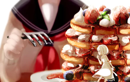 Anime original 2K Quad HD PC desktop wallpaper: short-haired blonde with black eyes holding a fork before a towering stack of syrupy pancakes topped with cream and berries.