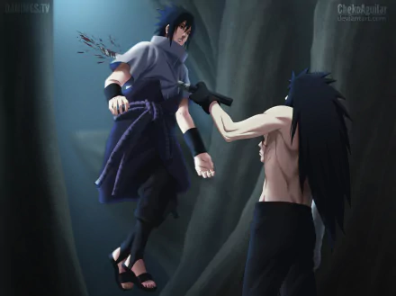 4K Ultra HD anime wallpaper featuring Madara Uchiha and Sasuke Uchiha from Naruto in an intense battle scene.