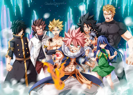 A vibrant HD wallpaper featuring characters from Fairy Tail, including Natsu Dragneel, Wendy Marvell, Laxus Dreyar, and others, showcasing their dynamic poses and intense expressions.