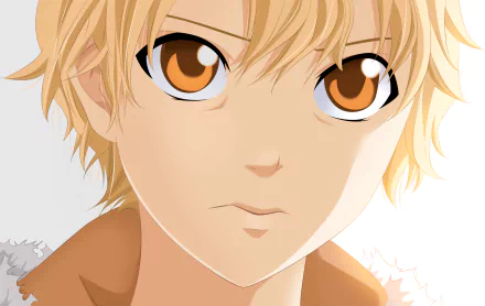 HD PC desktop wallpaper featuring Yukine (Noragami) from the anime Noragami — close-up portrait with tousled blond hair, amber eyes and a calm expression on a pale background.