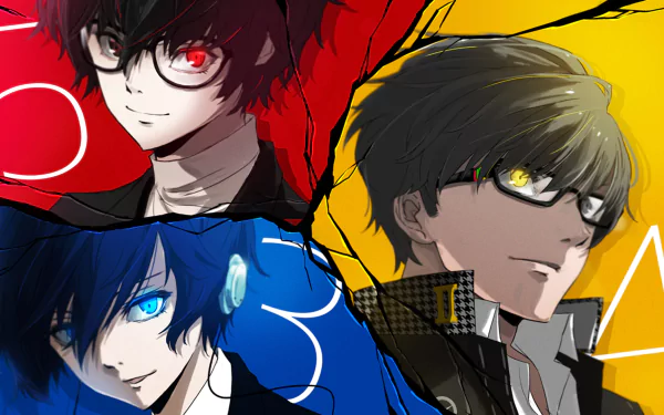 HD PC wallpaper of Persona video game protagonists Joker, Yu Narukami and Minato Arisato in bold red, blue and yellow panels — stylized anime portraits with intense, glowing eyes.