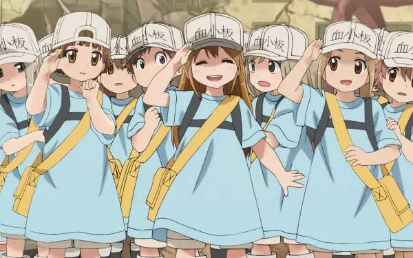 HD desktop wallpaper from the anime Cells at Work! featuring a group of anime characters wearing blue outfits and white hats, cheerfully posing.