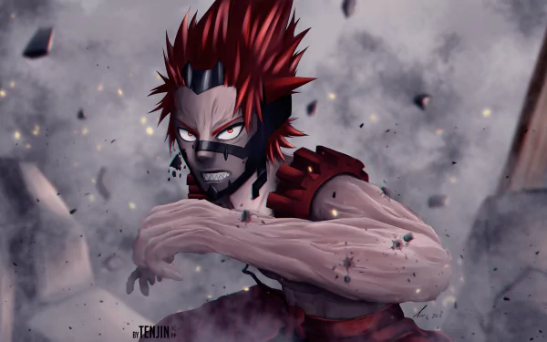 Eijiro Kirishima from My Hero Academia in hardened form, red spiky hair and fierce glare amid flying debris — 4K Ultra HD anime PC desktop wallpaper background