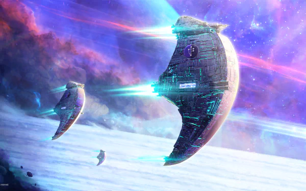 HD Sci Fi desktop wallpaper featuring futuristic spaceships flying through a vibrant galaxy with colorful nebulae in the background.